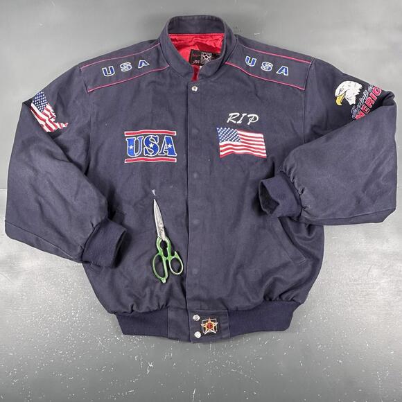 VTG Spirt Of America Jacket Mens 2XL Navy Blue Bomber Embroidered Flag Trump USA - Picture 5 of 11